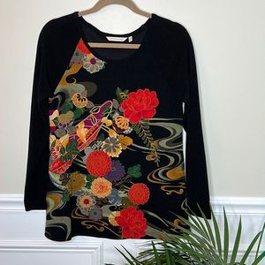Soft Surroundings beautiful floral print long sleeve black tunic top Medium